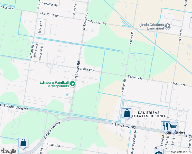map of restaurants, bars, coffee shops, grocery stores, and more near 7205 Escondido Lane in Edinburg