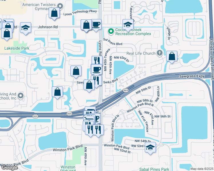 map of restaurants, bars, coffee shops, grocery stores, and more near 6024 Northwest 45th Way in Coconut Creek