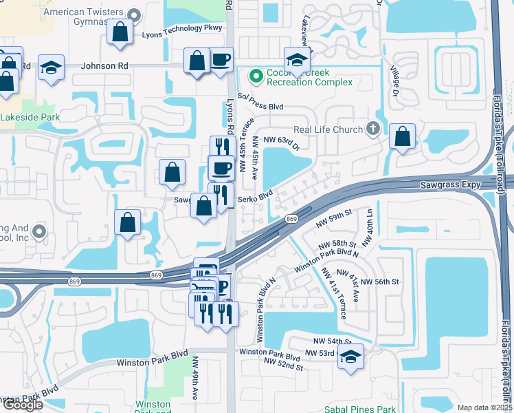 map of restaurants, bars, coffee shops, grocery stores, and more near 4572 Northwest 60th Street in Coconut Creek