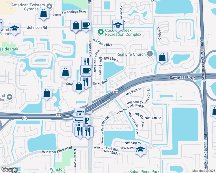 map of restaurants, bars, coffee shops, grocery stores, and more near 6071 Northwest 44th Lane in Coconut Creek