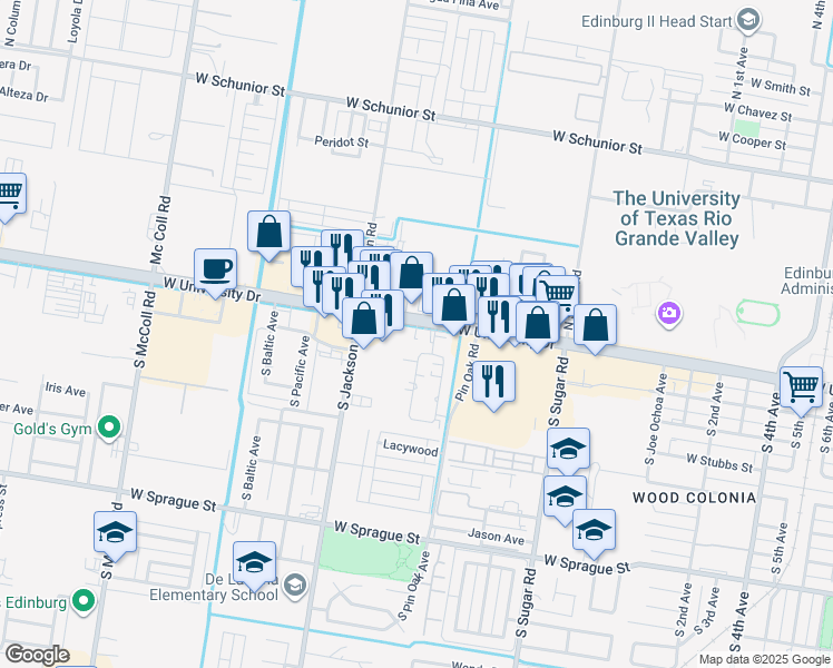 map of restaurants, bars, coffee shops, grocery stores, and more near 2018 West University Drive in Edinburg