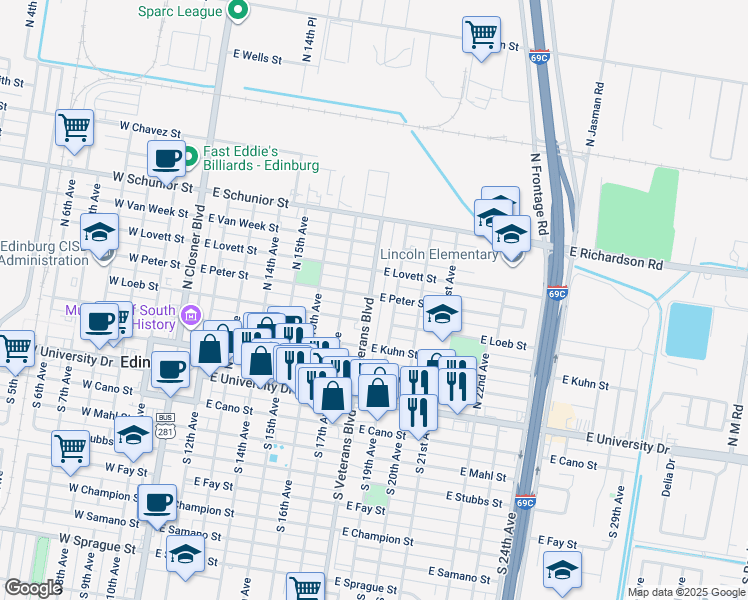 map of restaurants, bars, coffee shops, grocery stores, and more near 424 North 18th Avenue in Edinburg
