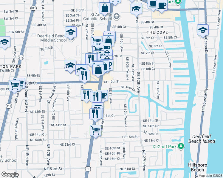 map of restaurants, bars, coffee shops, grocery stores, and more near 906 Southeast 10th Court in Deerfield Beach