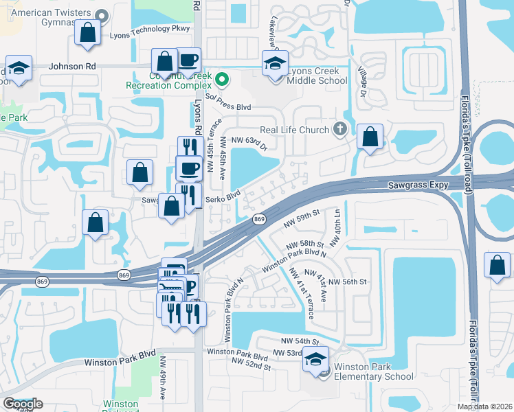 map of restaurants, bars, coffee shops, grocery stores, and more near 6000 Northwest 44th Way in Coconut Creek