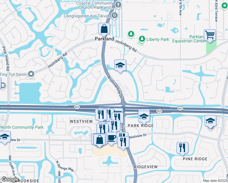 map of restaurants, bars, coffee shops, grocery stores, and more near 5999 North University Drive in Parkland