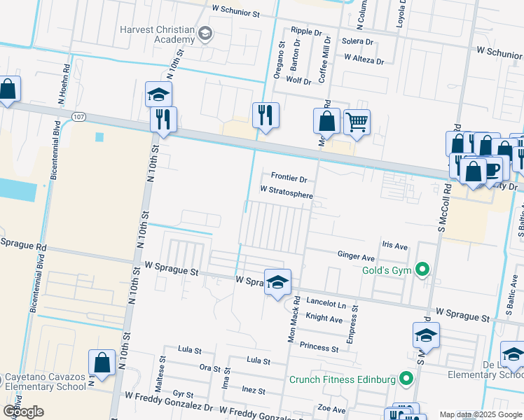 map of restaurants, bars, coffee shops, grocery stores, and more near 406 Downing Avenue in Edinburg