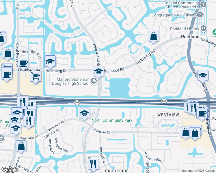 map of restaurants, bars, coffee shops, grocery stores, and more near 10424 Northwest 59th Place in Parkland