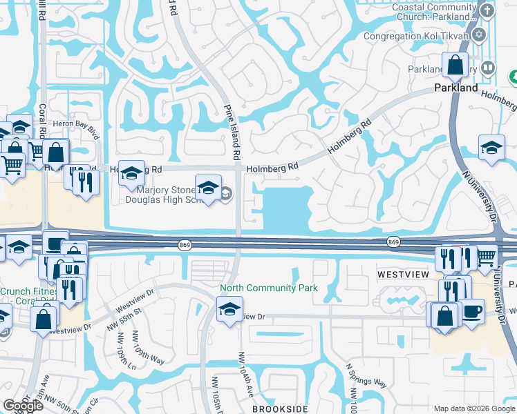 map of restaurants, bars, coffee shops, grocery stores, and more near 10424 Northwest 59th Place in Parkland