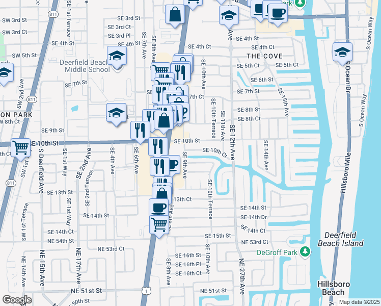 map of restaurants, bars, coffee shops, grocery stores, and more near 906 Southeast 10th Court in Deerfield Beach