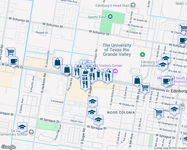 map of restaurants, bars, coffee shops, grocery stores, and more near 42 South Sugar Road in Edinburg
