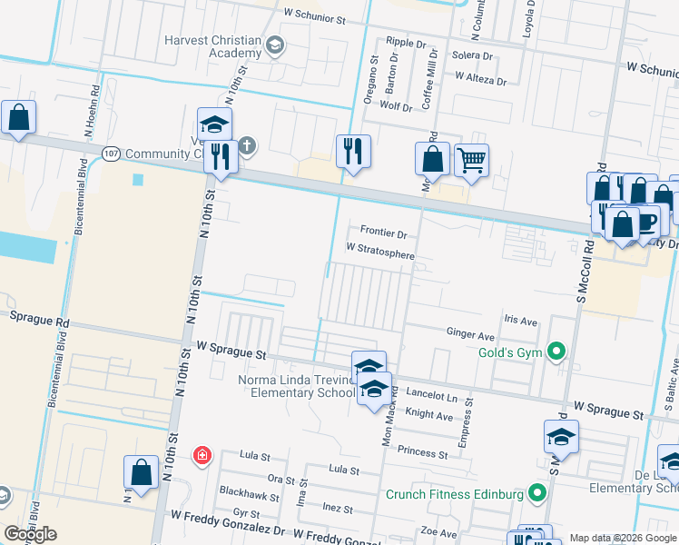 map of restaurants, bars, coffee shops, grocery stores, and more near 407 Teague Avenue in Edinburg