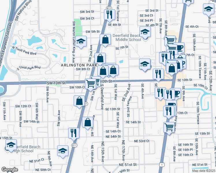 map of restaurants, bars, coffee shops, grocery stores, and more near 4 Southeast 10th Court in Deerfield Beach
