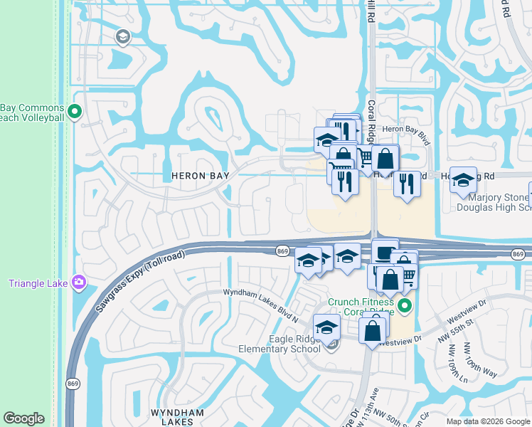 map of restaurants, bars, coffee shops, grocery stores, and more near 5771 Northwest 119th Drive in Coral Springs