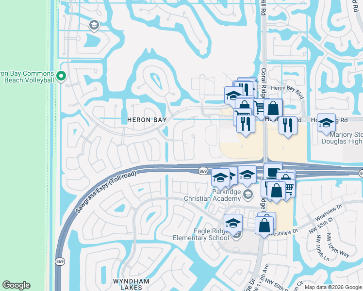 map of restaurants, bars, coffee shops, grocery stores, and more near 5771 Northwest 119th Drive in Coral Springs