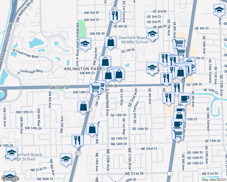 map of restaurants, bars, coffee shops, grocery stores, and more near 4 Southeast 10th Court in Deerfield Beach