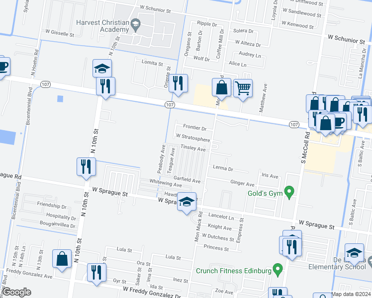 map of restaurants, bars, coffee shops, grocery stores, and more near 402 Downing Ave in Edinburg
