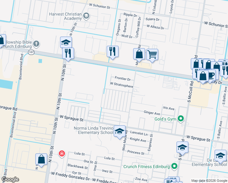 map of restaurants, bars, coffee shops, grocery stores, and more near 406 Downing Avenue in Edinburg