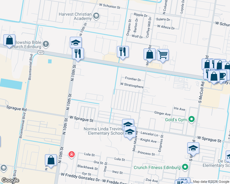 map of restaurants, bars, coffee shops, grocery stores, and more near 410 Peabody Avenue in Edinburg
