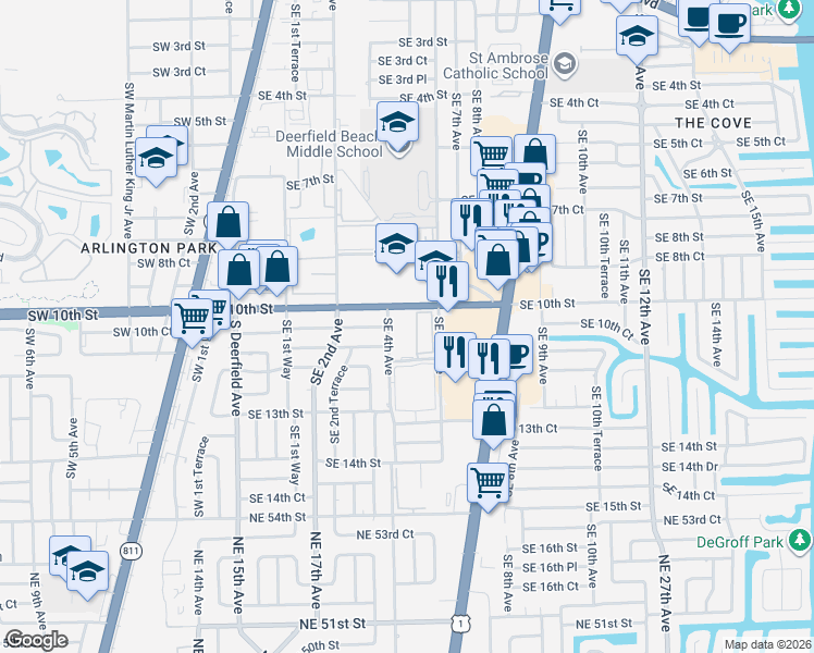 map of restaurants, bars, coffee shops, grocery stores, and more near 1040 Southeast 4th Avenue in Deerfield Beach