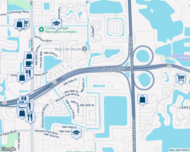 map of restaurants, bars, coffee shops, grocery stores, and more near 3903 Northwest 59th Street in Coconut Creek