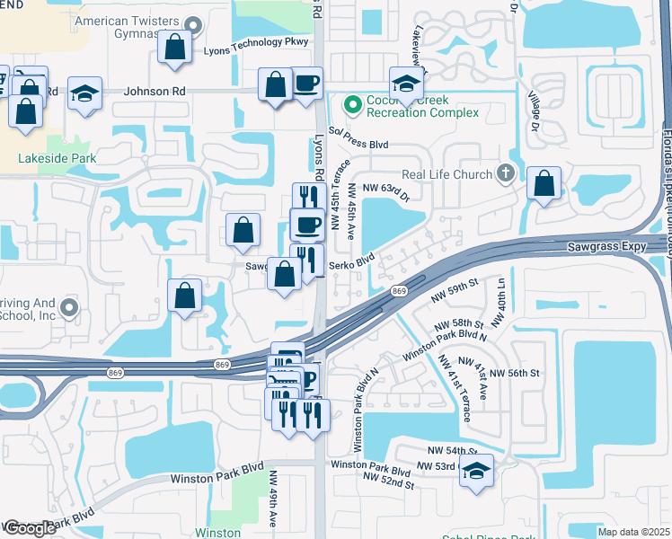 map of restaurants, bars, coffee shops, grocery stores, and more near 6024 Northwest 45th Way in Coconut Creek