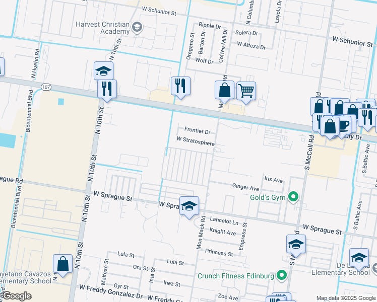 map of restaurants, bars, coffee shops, grocery stores, and more near 315 Mon Mack Road in Edinburg