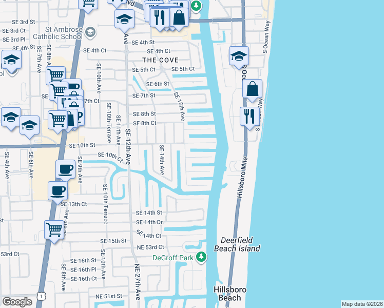 map of restaurants, bars, coffee shops, grocery stores, and more near 1514 Southeast 11th Street in Deerfield Beach