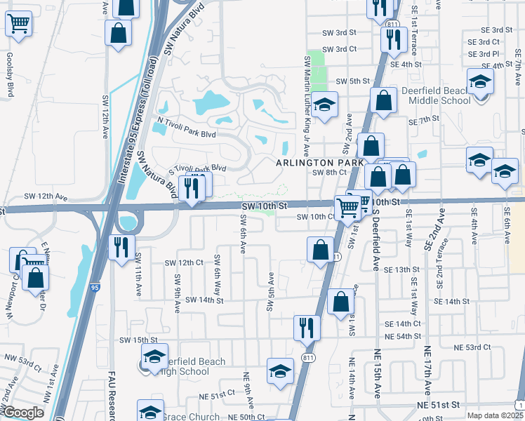 map of restaurants, bars, coffee shops, grocery stores, and more near 500 Southwest 10th Court in Deerfield Beach