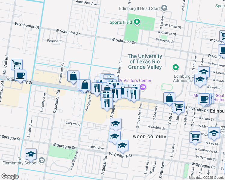 map of restaurants, bars, coffee shops, grocery stores, and more near 42 South Sugar Road in Edinburg