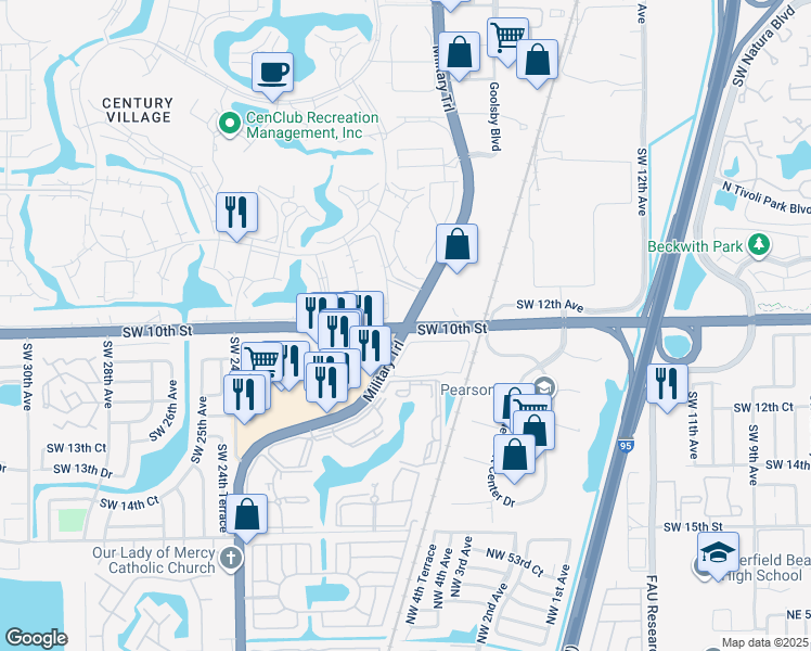 map of restaurants, bars, coffee shops, grocery stores, and more near S Military Trail & SW 10th St in Deerfield Beach