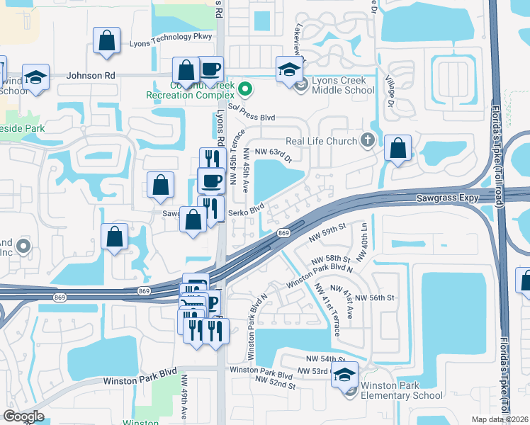 map of restaurants, bars, coffee shops, grocery stores, and more near 6131 Northwest 44th Lane in Coconut Creek