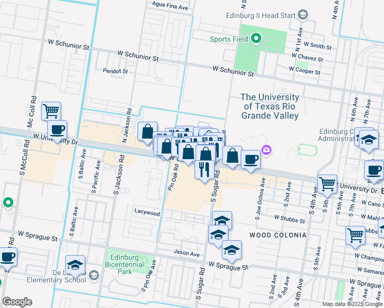 map of restaurants, bars, coffee shops, grocery stores, and more near 1712-1778 West University Drive in Edinburg