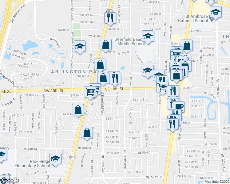 map of restaurants, bars, coffee shops, grocery stores, and more near 118 Southeast 10th Court in Deerfield Beach