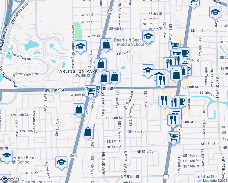 map of restaurants, bars, coffee shops, grocery stores, and more near 118 Southeast 10th Court in Deerfield Beach