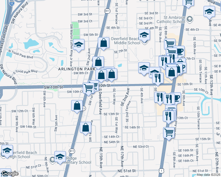 map of restaurants, bars, coffee shops, grocery stores, and more near 118 Southeast 10th Court in Deerfield Beach