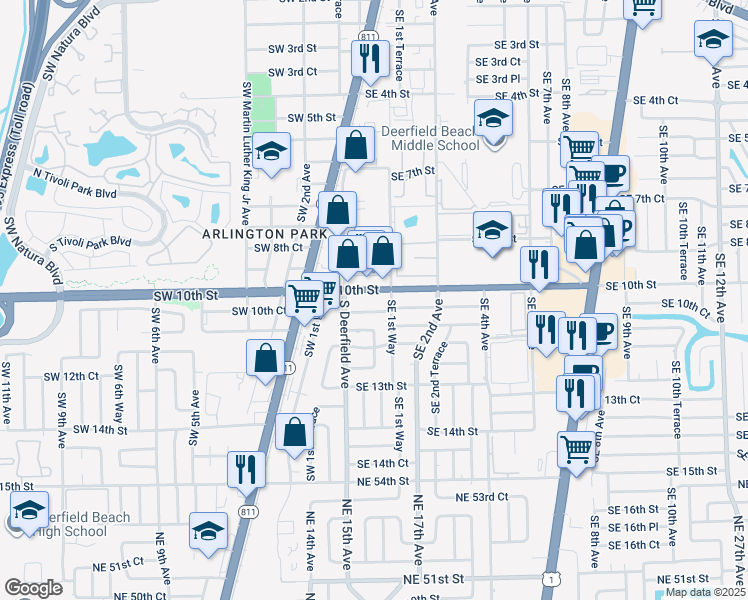map of restaurants, bars, coffee shops, grocery stores, and more near 4 Southeast 10th Court in Deerfield Beach