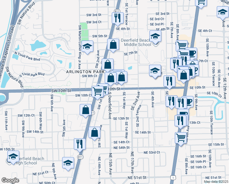 map of restaurants, bars, coffee shops, grocery stores, and more near 4 Southeast 10th Court in Deerfield Beach