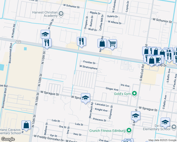 map of restaurants, bars, coffee shops, grocery stores, and more near 401 Newport Avenue in Edinburg