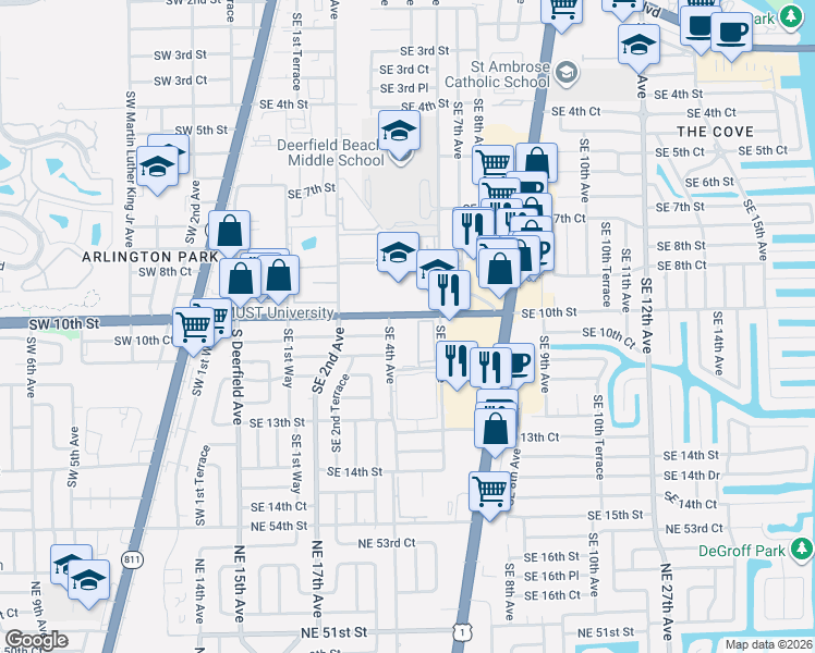 map of restaurants, bars, coffee shops, grocery stores, and more near 1040 Southeast 4th Avenue in Deerfield Beach