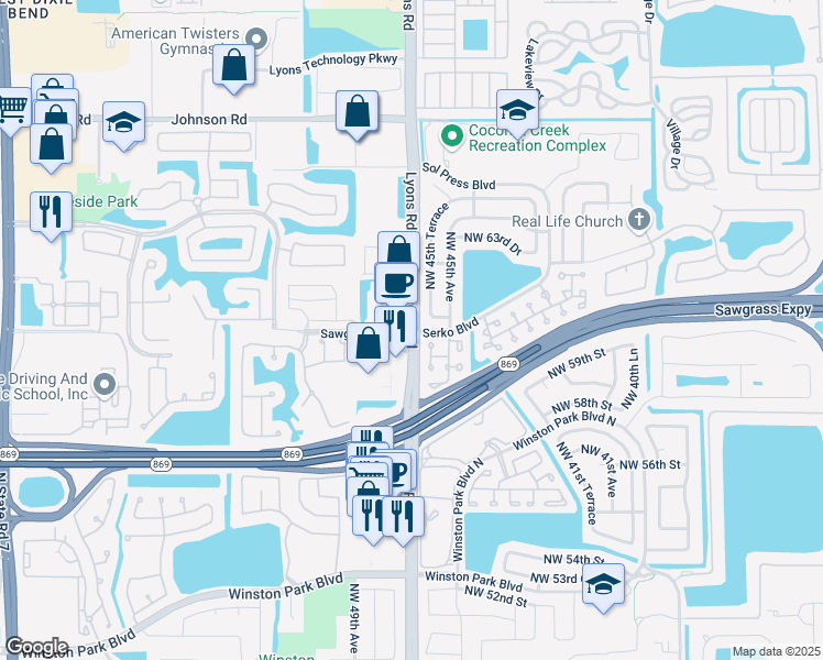 map of restaurants, bars, coffee shops, grocery stores, and more near Lyons Rd & Sawgrass Blvd in Coconut Creek