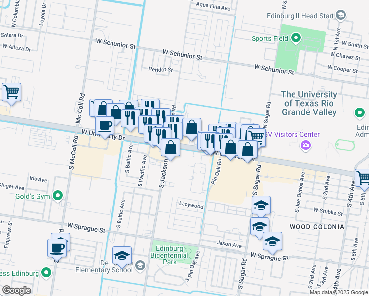 map of restaurants, bars, coffee shops, grocery stores, and more near 2720 West University Drive in Edinburg