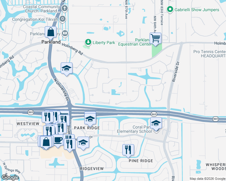 map of restaurants, bars, coffee shops, grocery stores, and more near 8835 Northwest 58th Court in Parkland