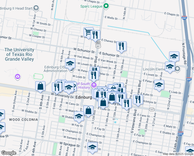 map of restaurants, bars, coffee shops, grocery stores, and more near 117 East Loeb Street in Edinburg