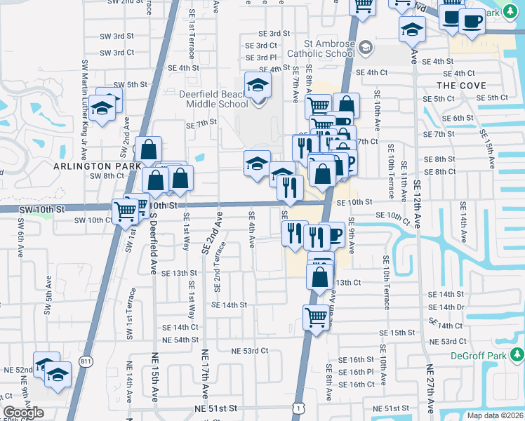map of restaurants, bars, coffee shops, grocery stores, and more near 1040 Southeast 4th Avenue in Deerfield Beach