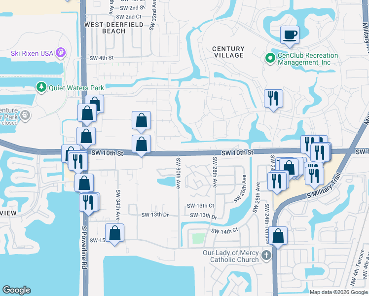 map of restaurants, bars, coffee shops, grocery stores, and more near 2913 Waterford Drive North in Deerfield Beach
