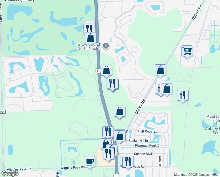 map of restaurants, bars, coffee shops, grocery stores, and more near 14700 Tamiami Trail North in Naples