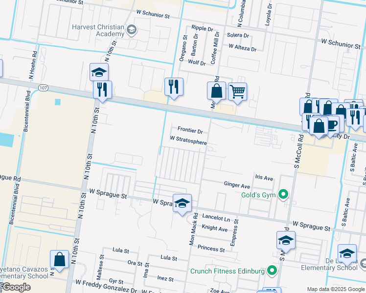 map of restaurants, bars, coffee shops, grocery stores, and more near 406 Downing Avenue in Edinburg