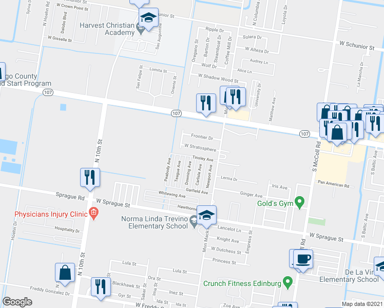 map of restaurants, bars, coffee shops, grocery stores, and more near 406 Downing Avenue in Edinburg