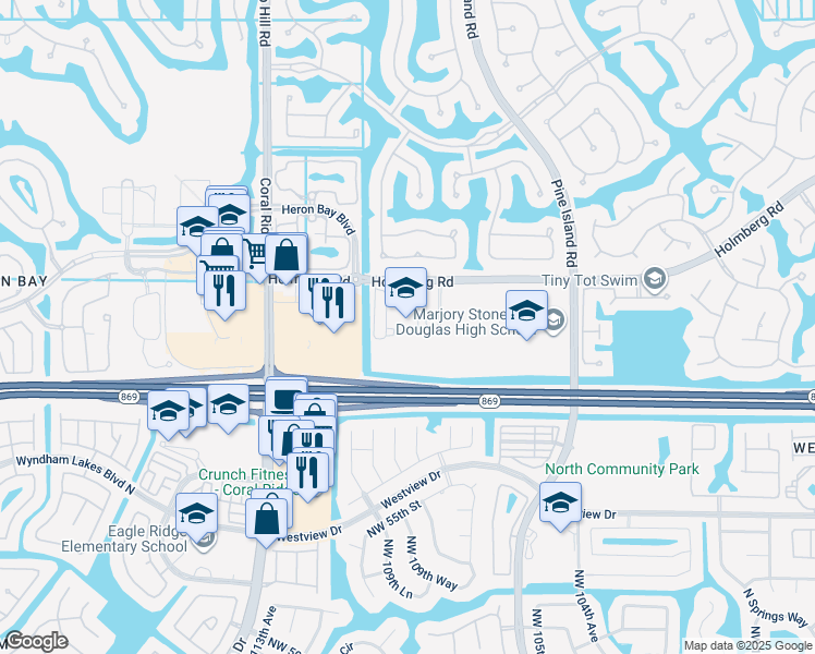 map of restaurants, bars, coffee shops, grocery stores, and more near 11000 Holmberg Road in Coral Springs