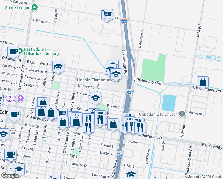 map of restaurants, bars, coffee shops, grocery stores, and more near 25 North 22nd Place in Edinburg